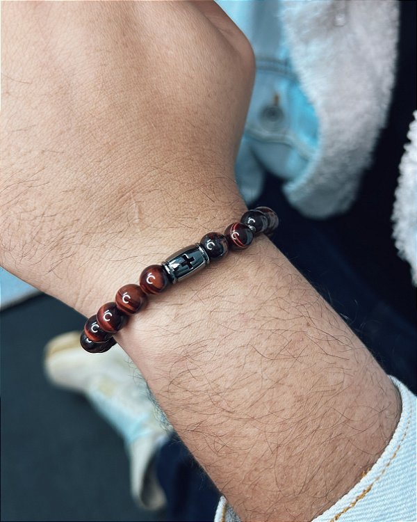 Pulseira Olho de Boi c/ Passante Cruz Vazada 18cm - Pedra Natural