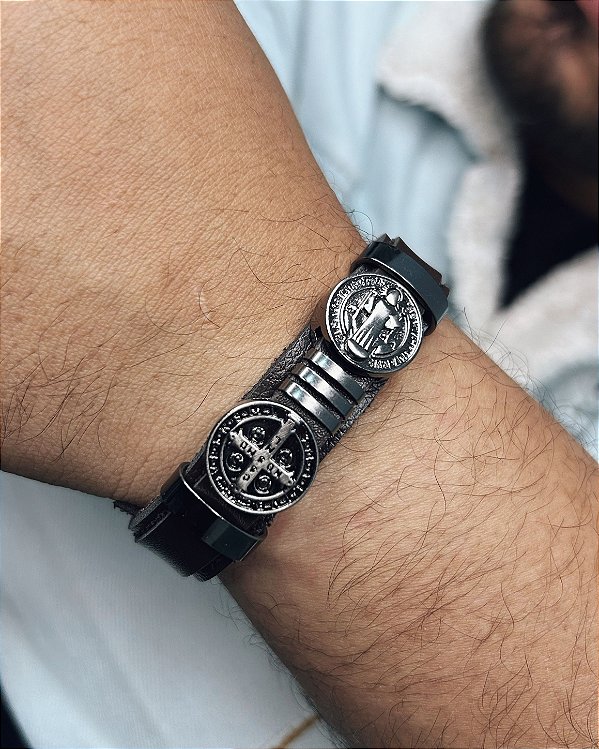 Pulseira São Bento Dupla Preta Fecho Fivela 21cm