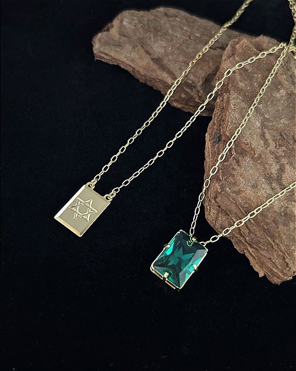Escapulário Plaquinha Estrela de Davi + Pedra Verde 70cm - Banho de Ouro 18k