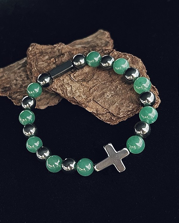 Pulseira Pedra Quartzo Verde e Hematita com Cruz Hematita 18cm - Pedra Natural