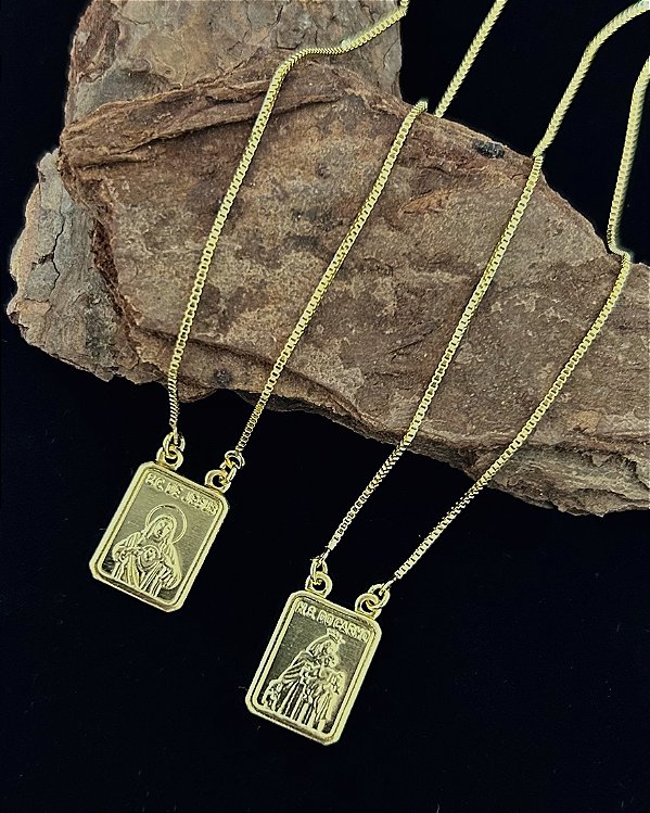 Escapulário Sagrado Coração e Nossa Senhora do Carmo 70cm - Banho de Ouro 18k