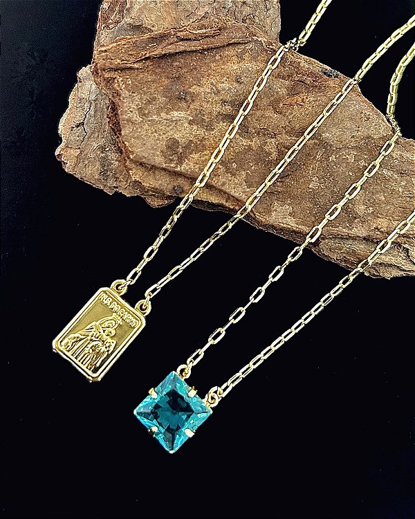 Escapulário Coração de Jesus e Zircônia Azul 70cm - Banho de Ouro 18k