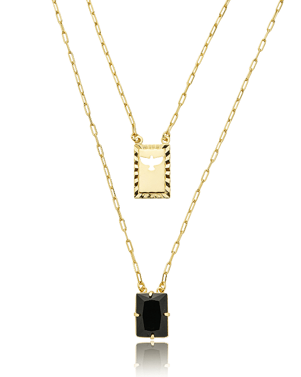 Escapulário Elo Cartier Espirito Santo e Zircônia Preta 70cm - Banho de Ouro 18k