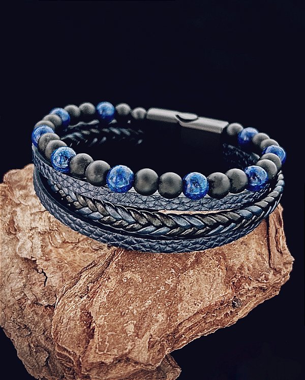 Pulseira Quadrupla Azul c/ Pedras Naturais - Couro