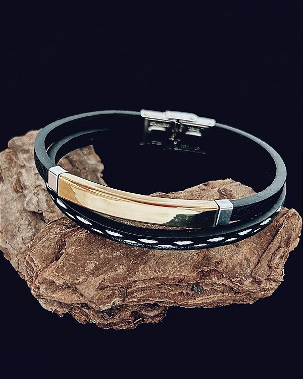 Pulseira Dupla Preta c/ Passante Dourado 21cm - Couro