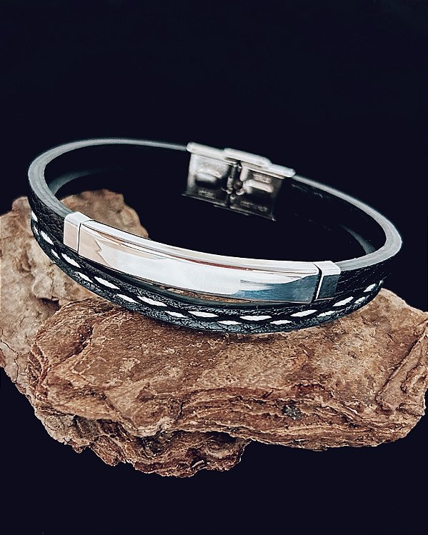 Pulseira Dupla Preta c/ Passante Prata 21cm - Couro