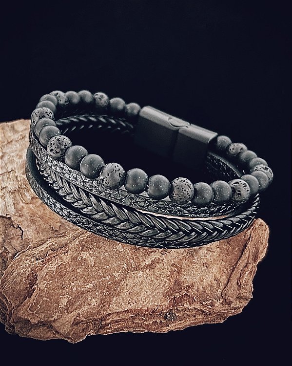 Pulseira Quadrupla Preta c/ Pedras Naturais - Couro