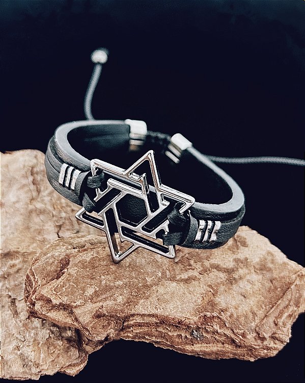 Pulseira Estrela de Davi 1cm Ajustável - Couro