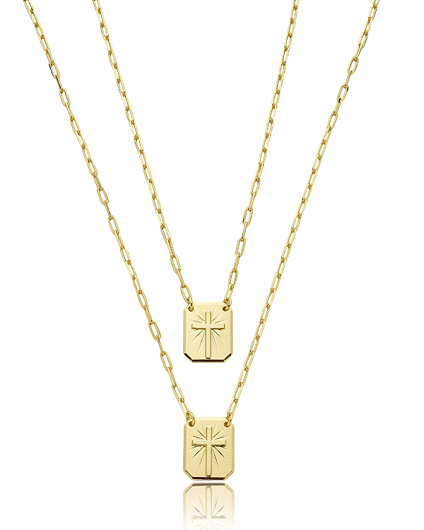 Escapulário Elo Cartier Placa Chanfrada com Cruz 70cm - Banho de Ouro 18k