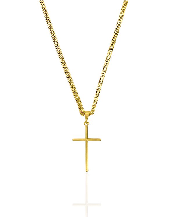 Corrente com Cruz Elo Grumet Duplo 3mm 60cm - Banho de Ouro 18k