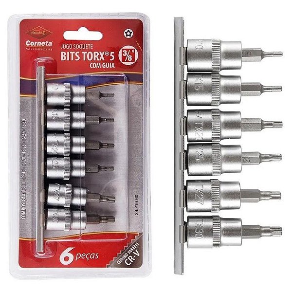Jogo De Soquete Bits Torx 5 Pontas Com Guia 6 Peças Aço - Corneta