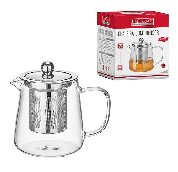 Chaleira de Vidro Borossilicato Transparente com Infusor e Tampa de Aço Inox - 450mL - Hauskraft