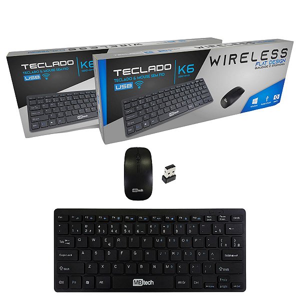 Kit Teclado Flat Design TKL Multimídia e Mouse sem Fio USB Plug and Play K6 - MB Tech
