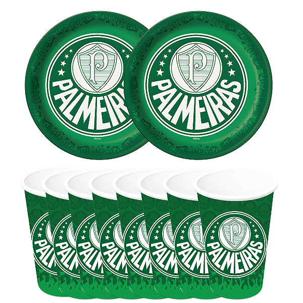 Kit Festa Pratos e Copos para Aniversário Comemoração - Palmeiras - 8 un Cada - Festcolor