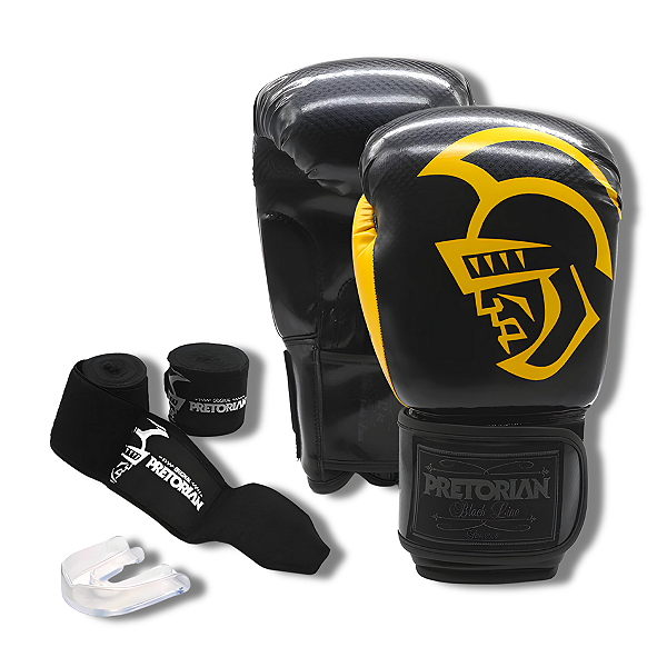 Kit Luva De Boxe E Muay Thai Pretorian Black Line + Bandagem + Protetor Bucal + Bolsa Bag