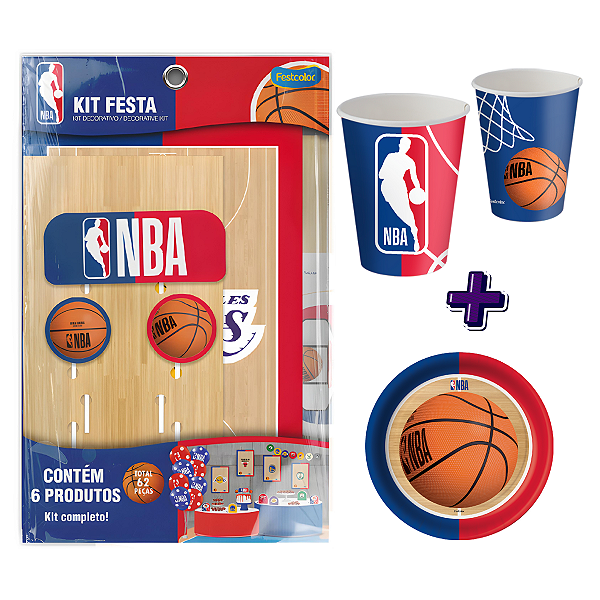 Kit Festa Decorativa Comemoração Aniversário NBA + 16 Copos e 16 Pratos - 94 peças - Festcolor