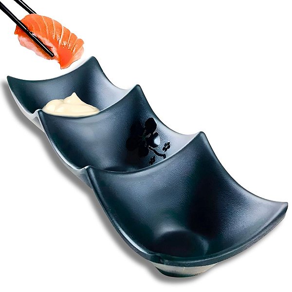 Kit 12 Molheira Tripartida Funda Japonês Porta Shoyu Molhos Oriental Melamina Japonesa Bestfer