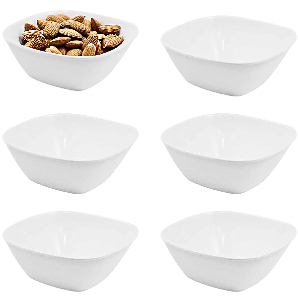 Kit 06 Tigela Quadrada Lisa de Melamina Branca Leve Resistente - 1500mL - 21cm - Bestfer