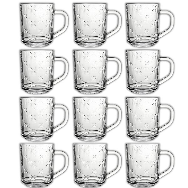 Kit Jogo 12 Canecas Borboleta Vidro Transparente Casual Para Servir Café Chá Leite 246ml Class Home