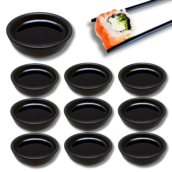 Kit 10 Peças Molheira Redonda Kanpai Premium Preto Porta Shoyu Molhos Bestfer