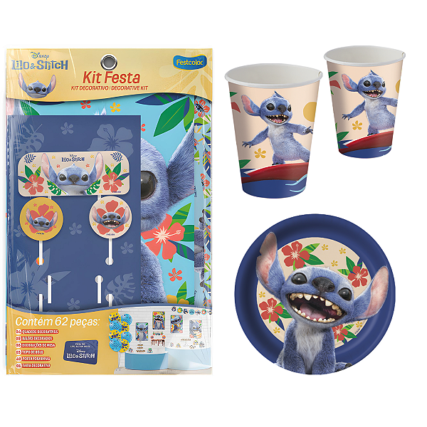 Kit Festa de Aniversário Decorativa + Copos e Pratos Lilo e Stitch Live Action 94 peças - Festcolor