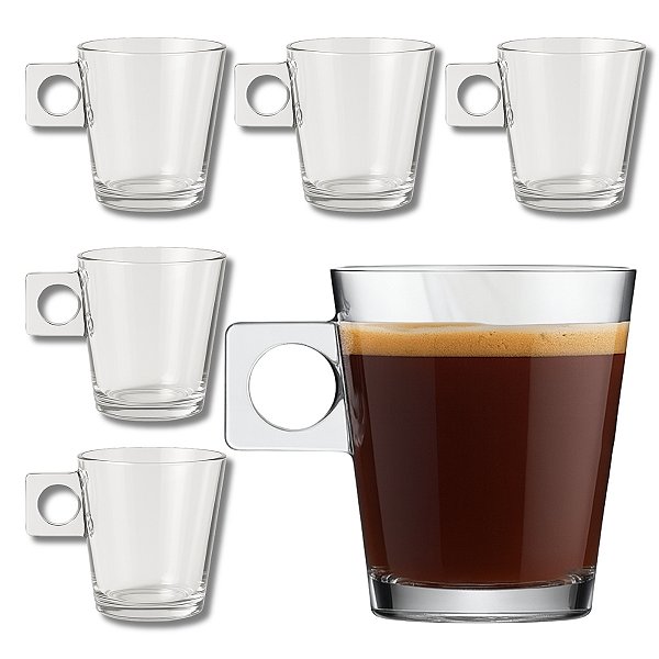 Jogo 6 Canecas Xícaras de Vidro Casual Café Chá 80ml com Alça Quadrada - Class Home