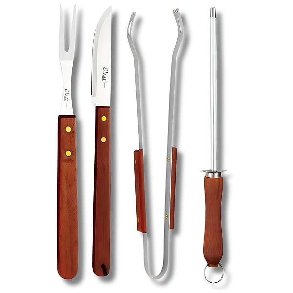 Kit 4 Peças Churrasco Faca Para Carne Pegador Garfo Trinchante Chaira Aço Inox Wood - Class Home
