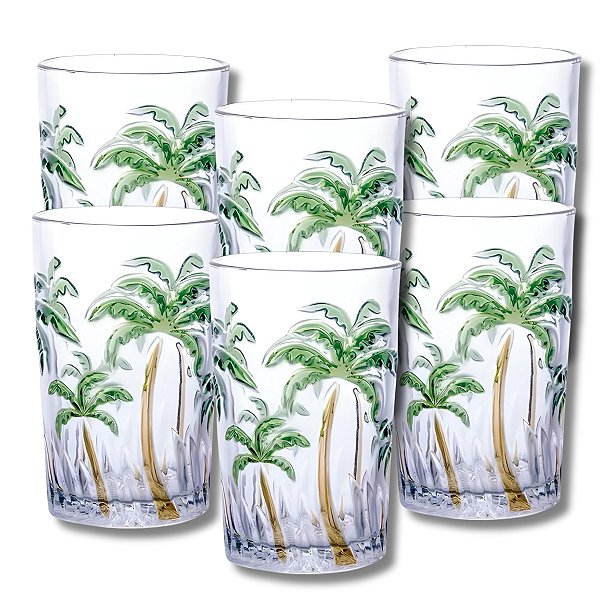 Kit 6 Copos de Vidro Palm Tree Color Coqueiro 350ml Transparente Água Suco Refrigerante - Class Home