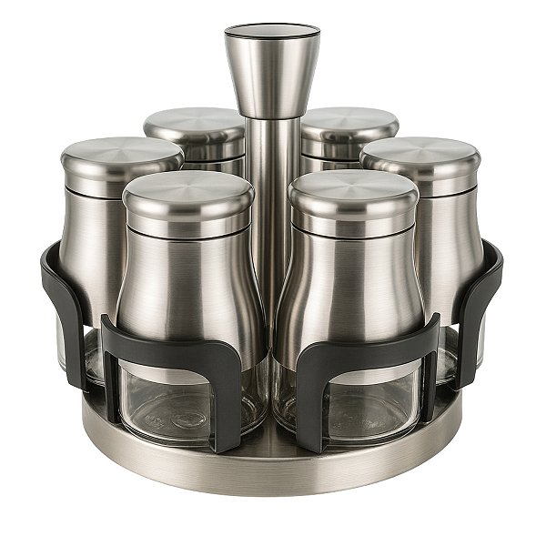 Porta Condimentos e Temperos de Luxo Com Suporte Giratório e 6 Potes 150ml Cada Inox Uny Home