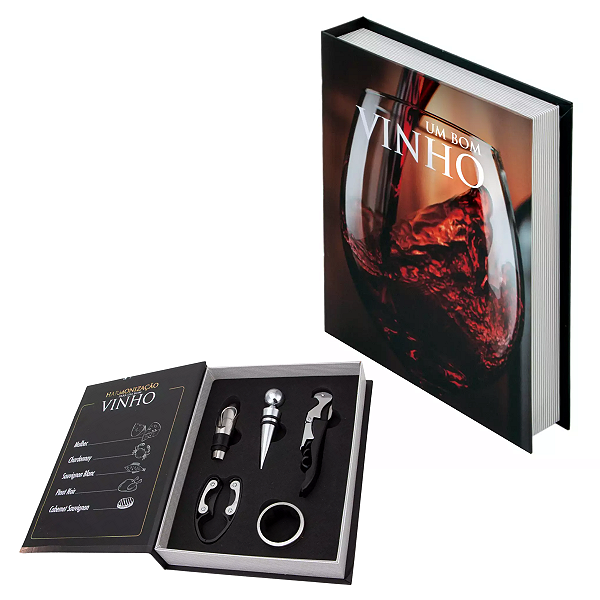 Kit de Vinho com 5 Peças Formato de Livro Abridor Saca Rolhas Tampa Dosador Corta Lacre - Uny Home