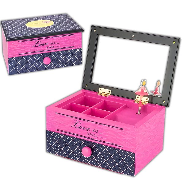 Caixa de Música Porta Joias Love Is com Bailarina à Corda e Espelho Uny Home