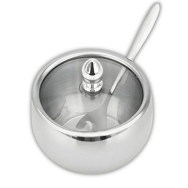 Açucareiro com Colher em Aço Inox e Tampa de Vidro 260ml Uny Home