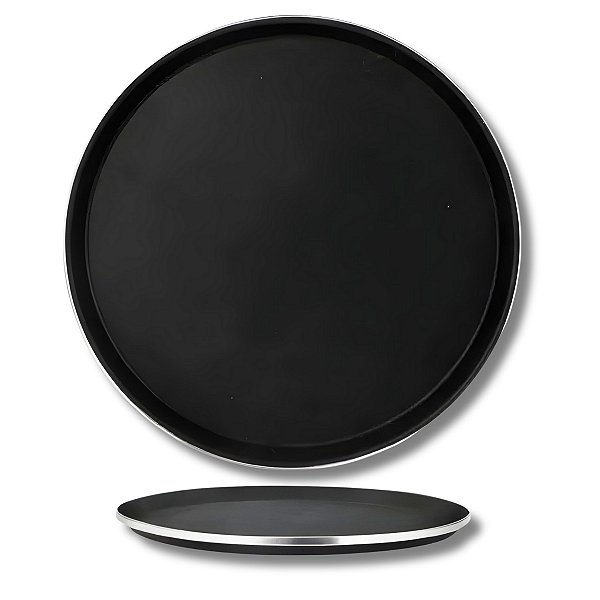 Bandeja Redonda Antiderrapante De Plástico Borda Aço Inox Para Bar Restaurante Garçom 35cm Uny Home