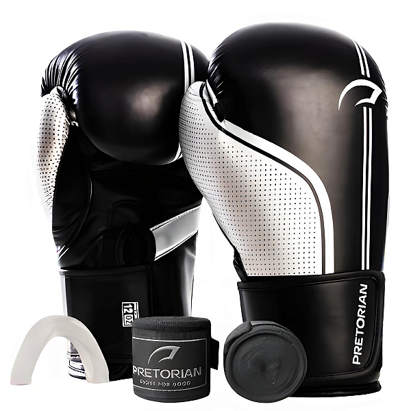 Kit Luva De Boxe E Muay Thai First FX1 + 1 Par de Bandagens + 1 Protetor Bucal - Pretorian