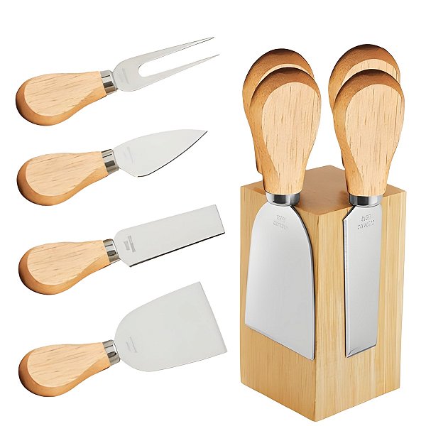 Jogo 4 Peças Garfo Faca Espátula em Aço Inox para Queijo com Suporte de Madeira Magnético Uny Home