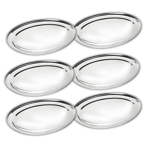 Kit 6 Travessas Oval Rasa Aço Inox 22cm Para Servir Alimentos Porções Cozinha Restaurante - Ke Home