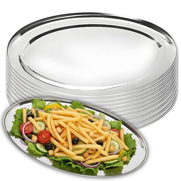 Kit 10 Travessas Oval Rasa Aço Inox 30cm Para Servir Alimentos Porções Cozinha Restaurante - Ke Home