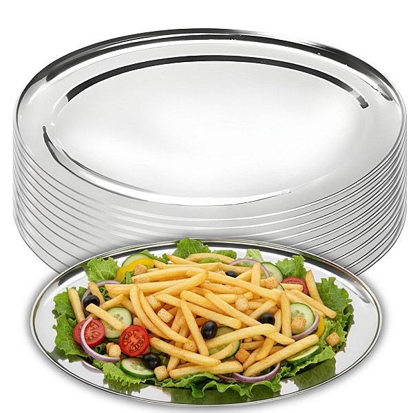 Kit 10 Travessas Oval Rasa Aço Inox 35cm Para Servir Alimentos Porções Cozinha Restaurante - Ke Home