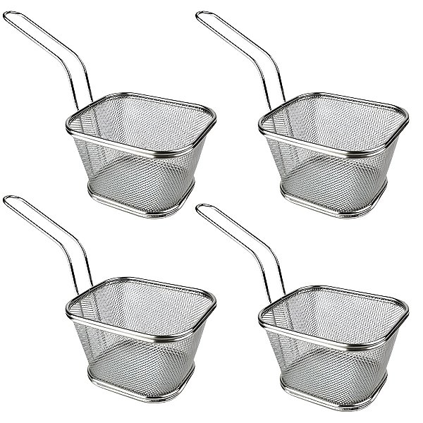 Kit 4 Cestas Aço Inox Com Alça Para Servir Frituras Porções Aperitivos Petiscos 10,5x9x6cm - Ke Home