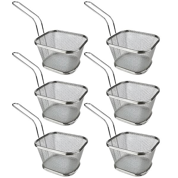 Kit 6 Cestas Aço Inox Com Alça Para Servir Frituras Porções Aperitivos Petiscos 10,5x9x6cm - Ke Home
