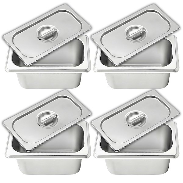 Kit 4 Cubas Com Tampa Gastronômica Aço Inox 1/9 Para Buffet Rechaud Self Service Restaurante KeHome