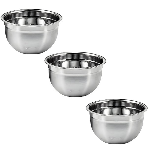 Kit 3 Tigelas Mixing Bowl De Inox Redondo 26cm Para Preparo Cozinha Salada Confeitaria G - Ke Home