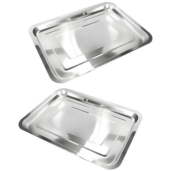Kit 2 Bandejas Retangular de Inox 36x27cm Ideal para Servir Acomodar Alimentos Bebidas - Ke Home