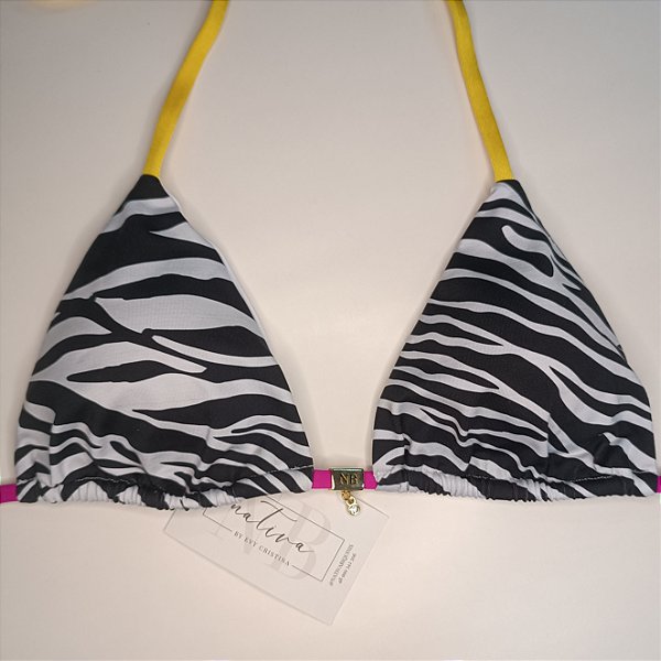 Top Cortininha com Bojo Removível - Zebra + Rosa Choque + Amarelo Melão