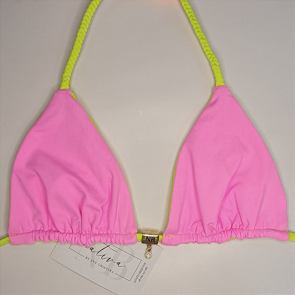 Top Duo Trançado sem bojo - Ice Cream - Rosa Candy + Amarelo Neon