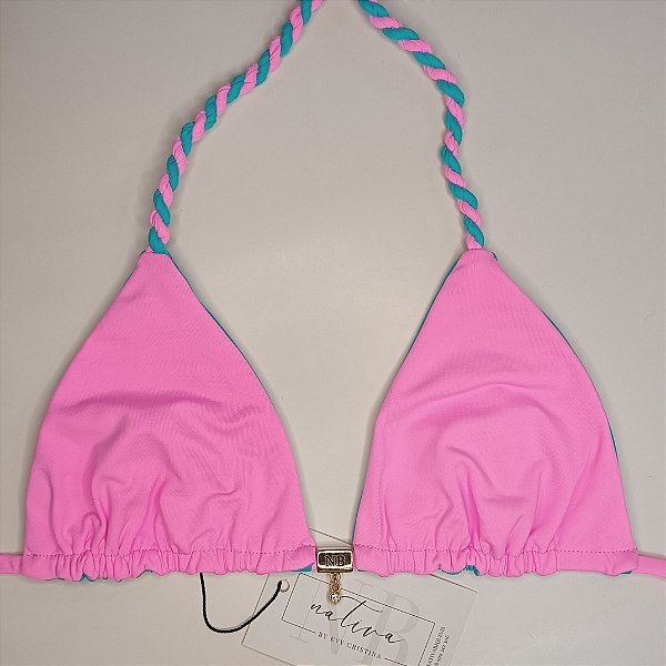 Top Duo Torcido sem Bojo - Ice Cream - Rosa Candy + Turquesa