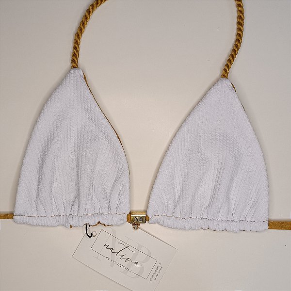 Top Duo Torcido sem Bojo - Deusas Gregas - Branco Texturizado + Dourado Glow