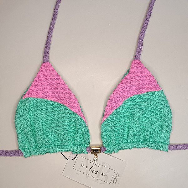 Top Duo Fita sem bojo - Tricô - Recortes - Lavanda + Rosa Candy+ Verde Água
