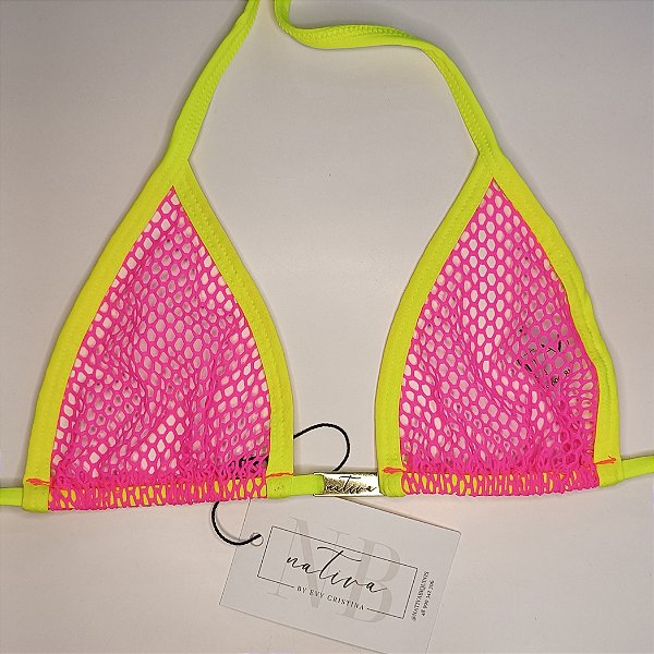 Top Micro - Arrastão Rosa Pink Transparente + Amarelo Neon