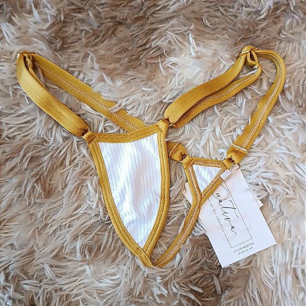 Calcinha Micro 3 Extreme - Regulagem - Branco Texturizado + Dourado Glow - Deusas Gregas